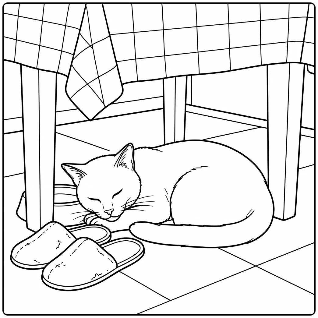 Realistic cat coloring pages: sleeping under kitchen table