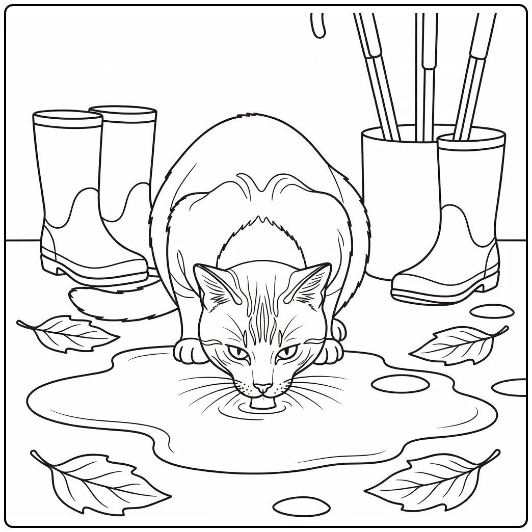 Realistic cat coloring pages: cat drinks rain puddle, boots nearby