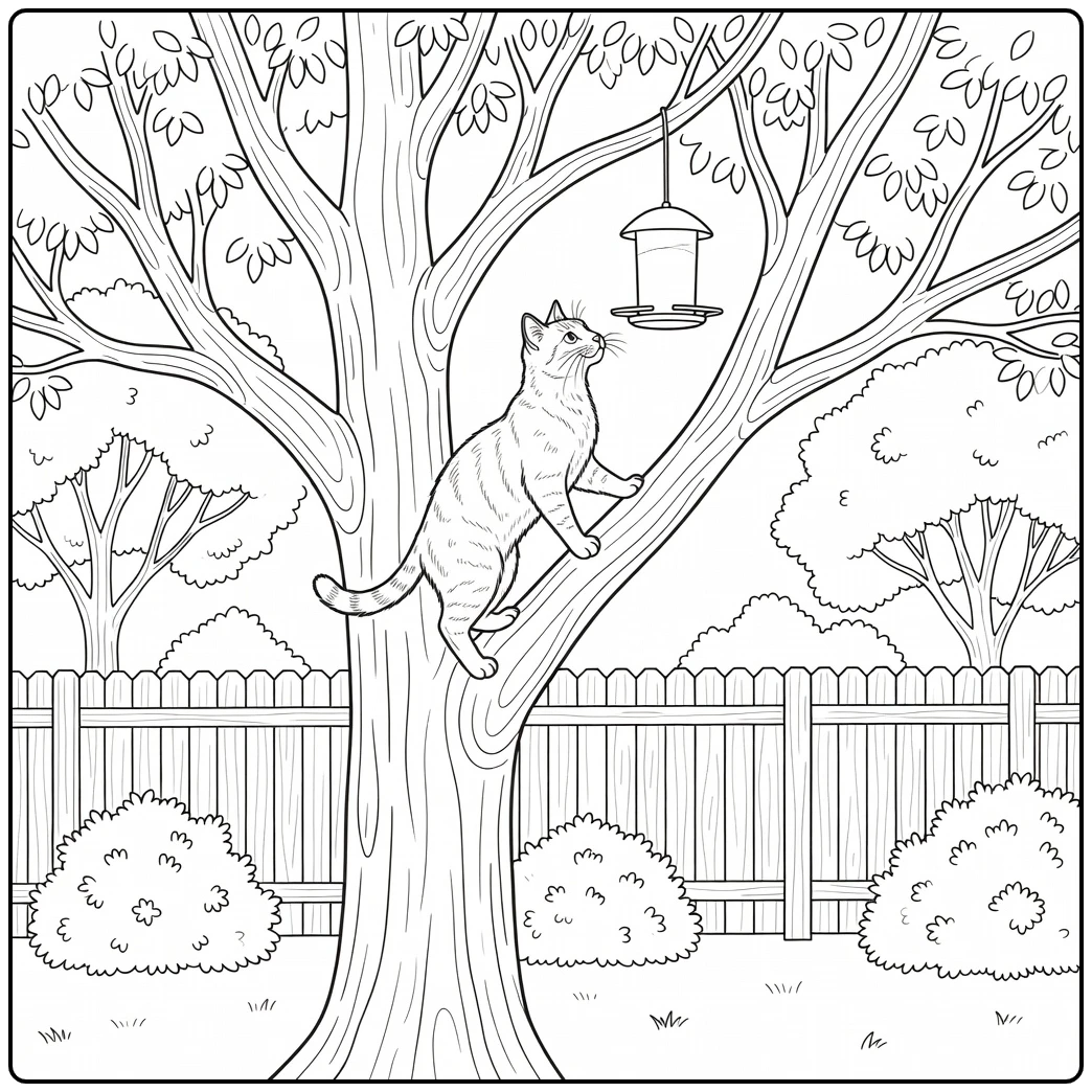 Realistic cat coloring pages: cat climbs tree to bird feeder