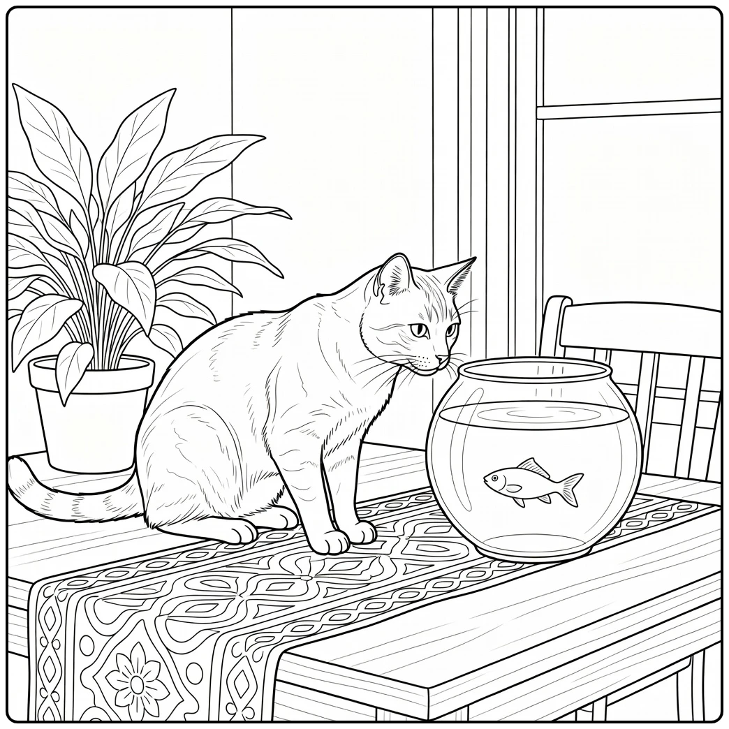 Realistic cat coloring pages for adults: cat eyeing fishbowl