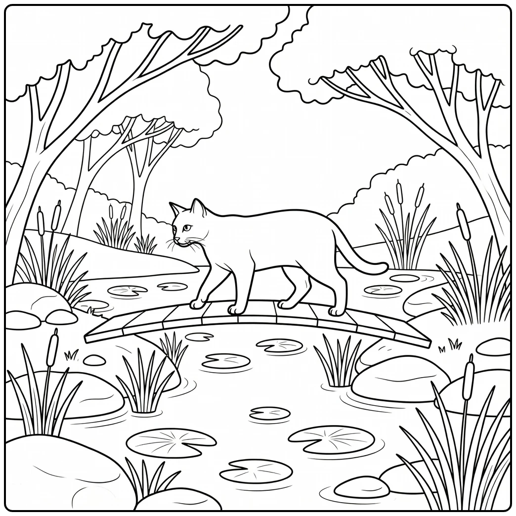 Realistic cat coloring pages for adults: cat on garden bridge over pond