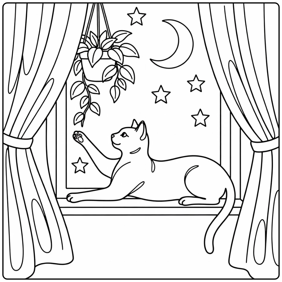 Realistic cat coloring pages for adults: elegant cat on windowsill reaching for plant