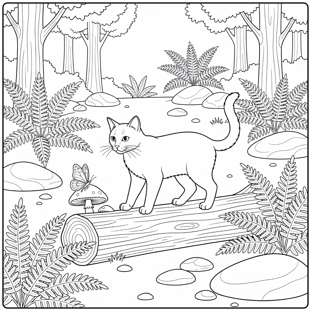 Realistic cat coloring pages for kids: cat on log eyes butterfly