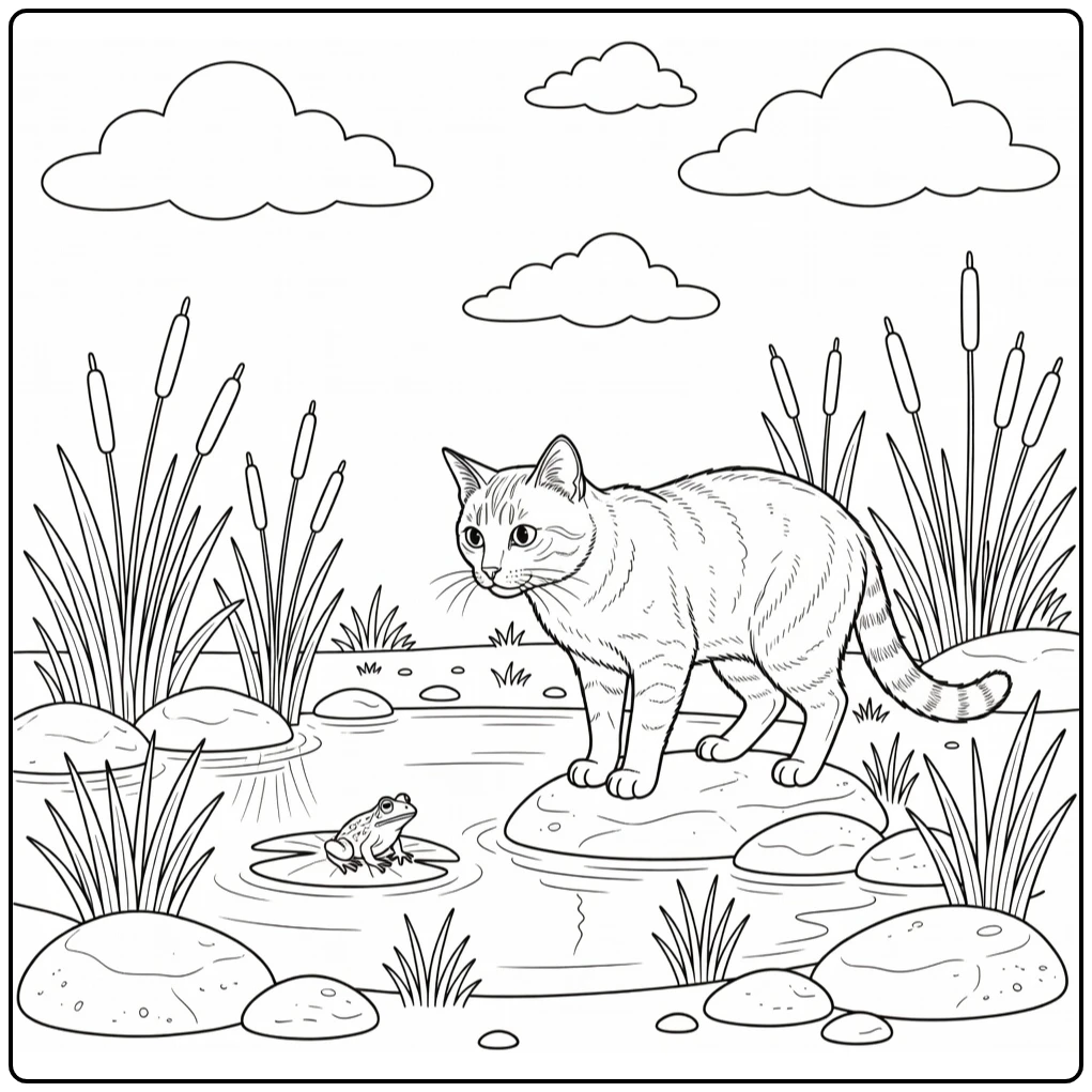 Realistic cat coloring pages for kids: cat watches frog on lily pad