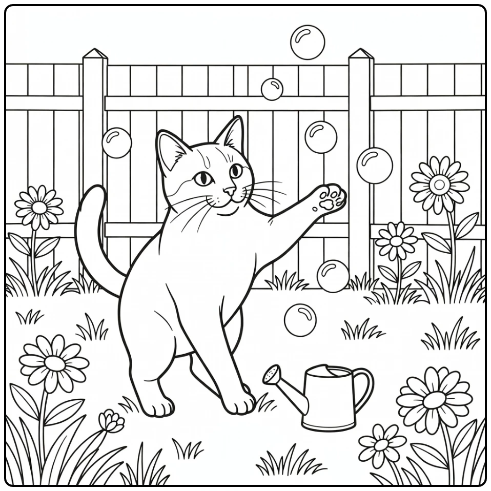 Realistic cat coloring pages for kids batting bubbles