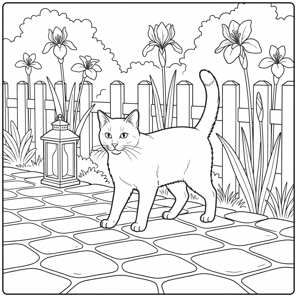 Realistic cat coloring pages: cat on cobblestone path