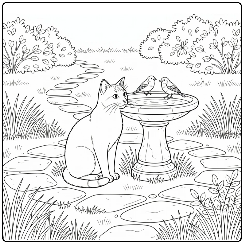 Realistic cat coloring pages: cat watches birds at birdbath