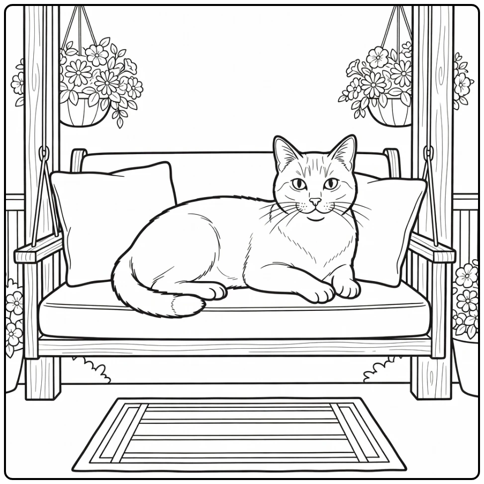 Realistic cat coloring pages: lounging on porch swing cushion