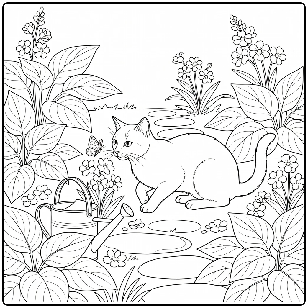 Realistic cat coloring pages: cat sniffs butterfly in garden