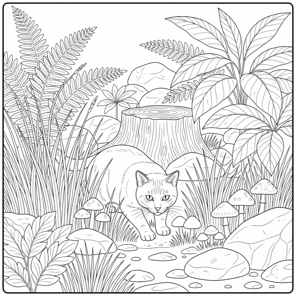 Realistic cat coloring pages: peeking through grass, mushrooms