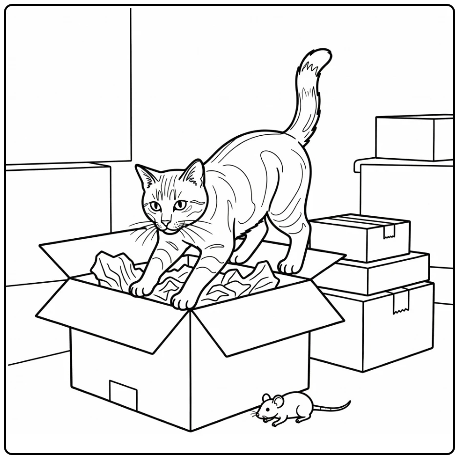 Realistic cat coloring pages: cat climbing into tissue box with toy mouse