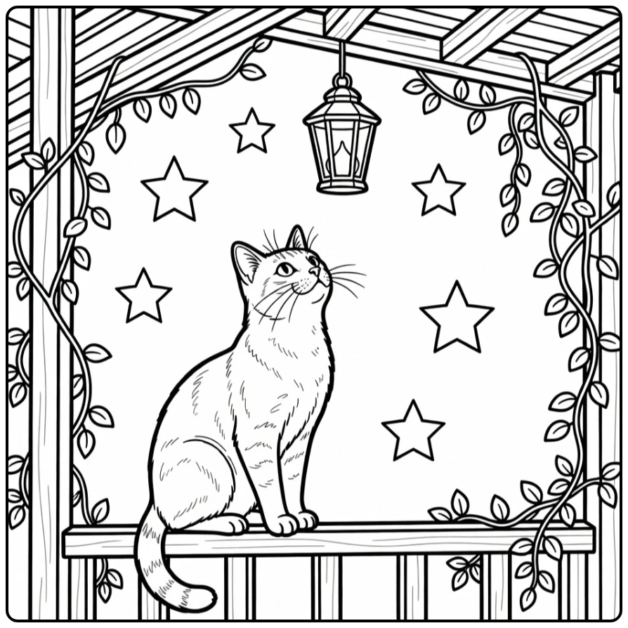 Realistic cat coloring pages: cat on porch at dusk with lantern
