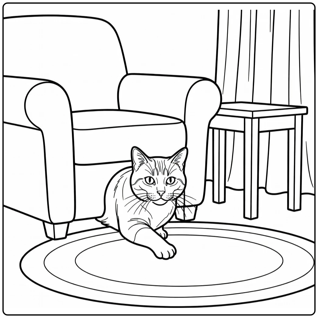 Realistic cat coloring pages: cat peeking under armchair