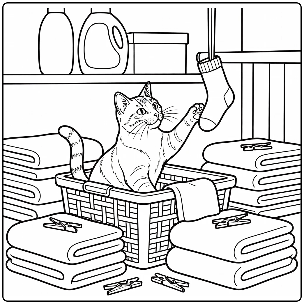 Realistic cat coloring pages: cat in basket pawing sock