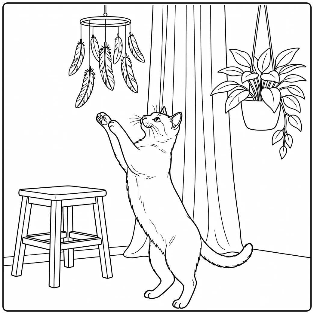Realistic cat coloring pages: cat stretching for feather mobile