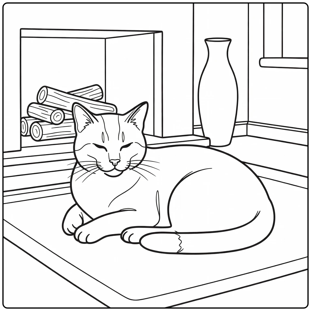 Realistic cat coloring pages: tucked cat on rug by fireplace