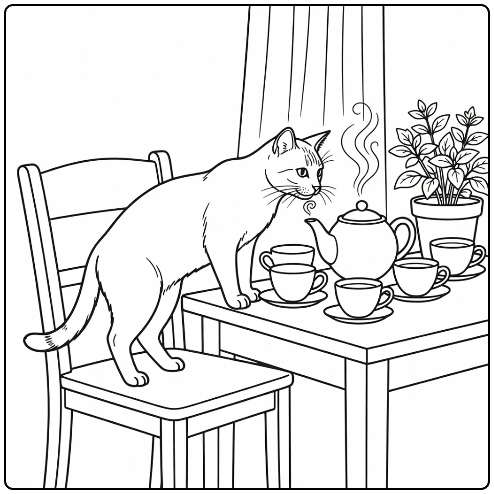Realistic cat coloring pages: cat sniffing teapot steam