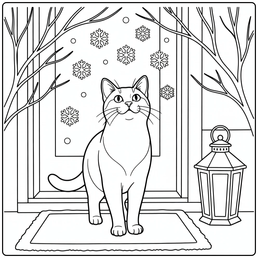 Realistic cat coloring pages: cat on doorstep eyeing snowflakes