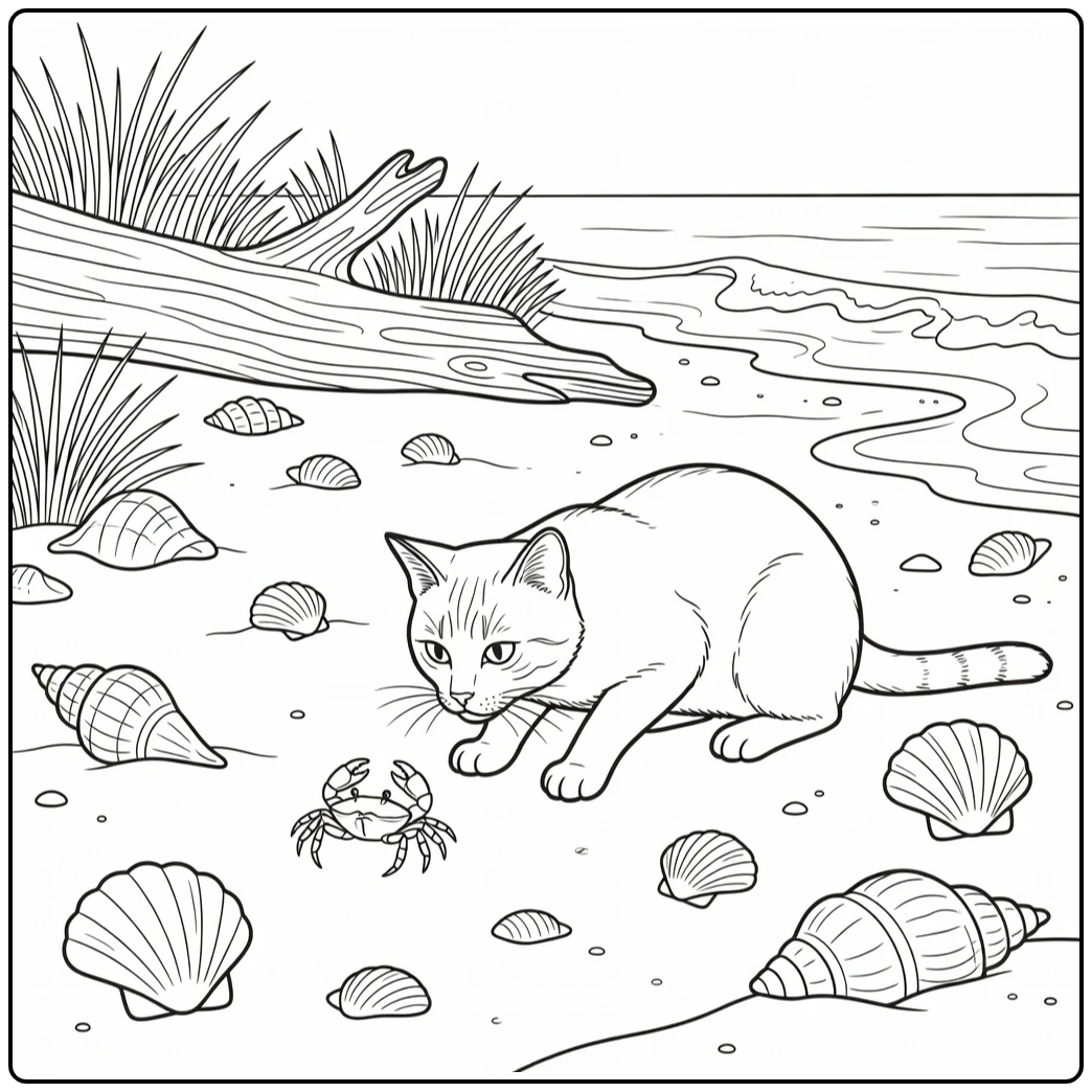 Realistic cat coloring pages: crouching cat watches crab on beach