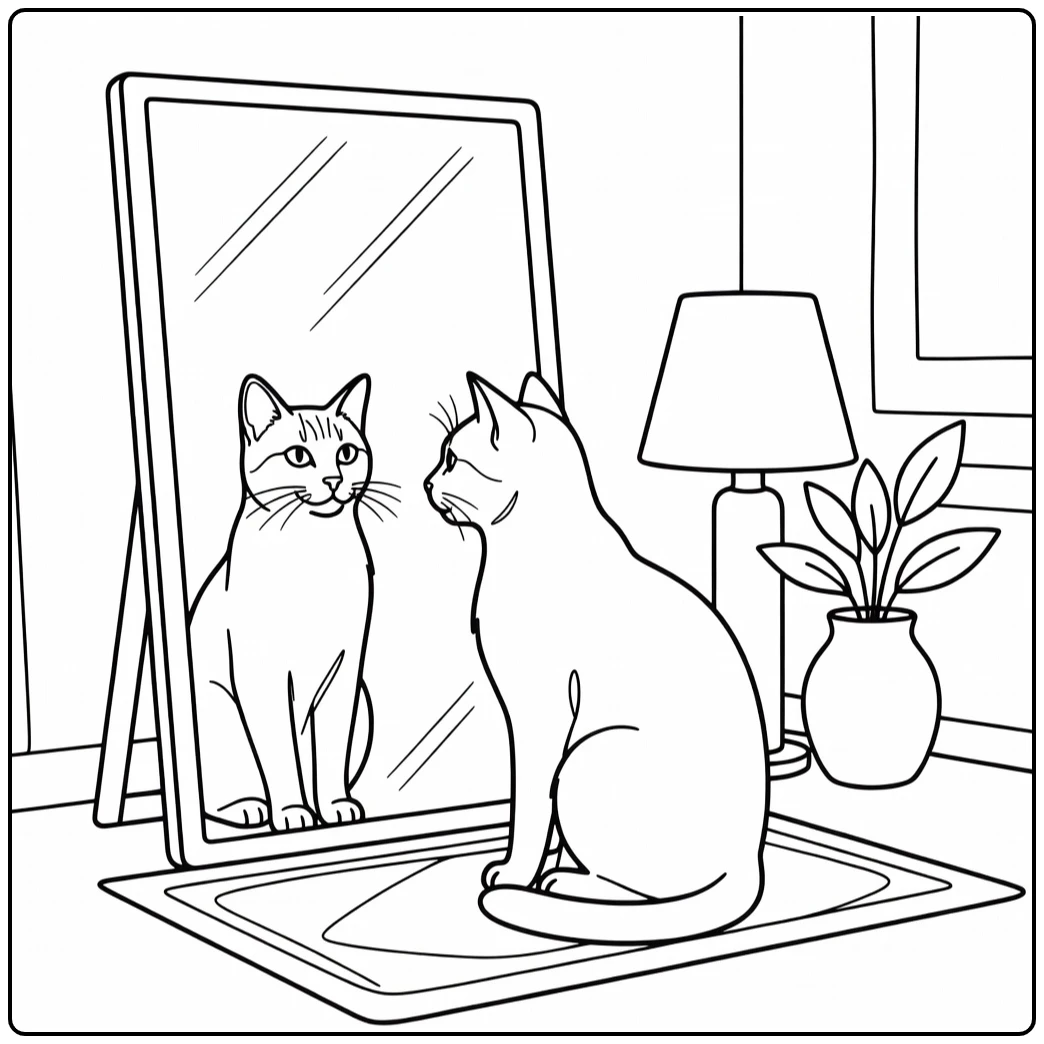 Realistic cat coloring pages: cat gazing at mirror reflection