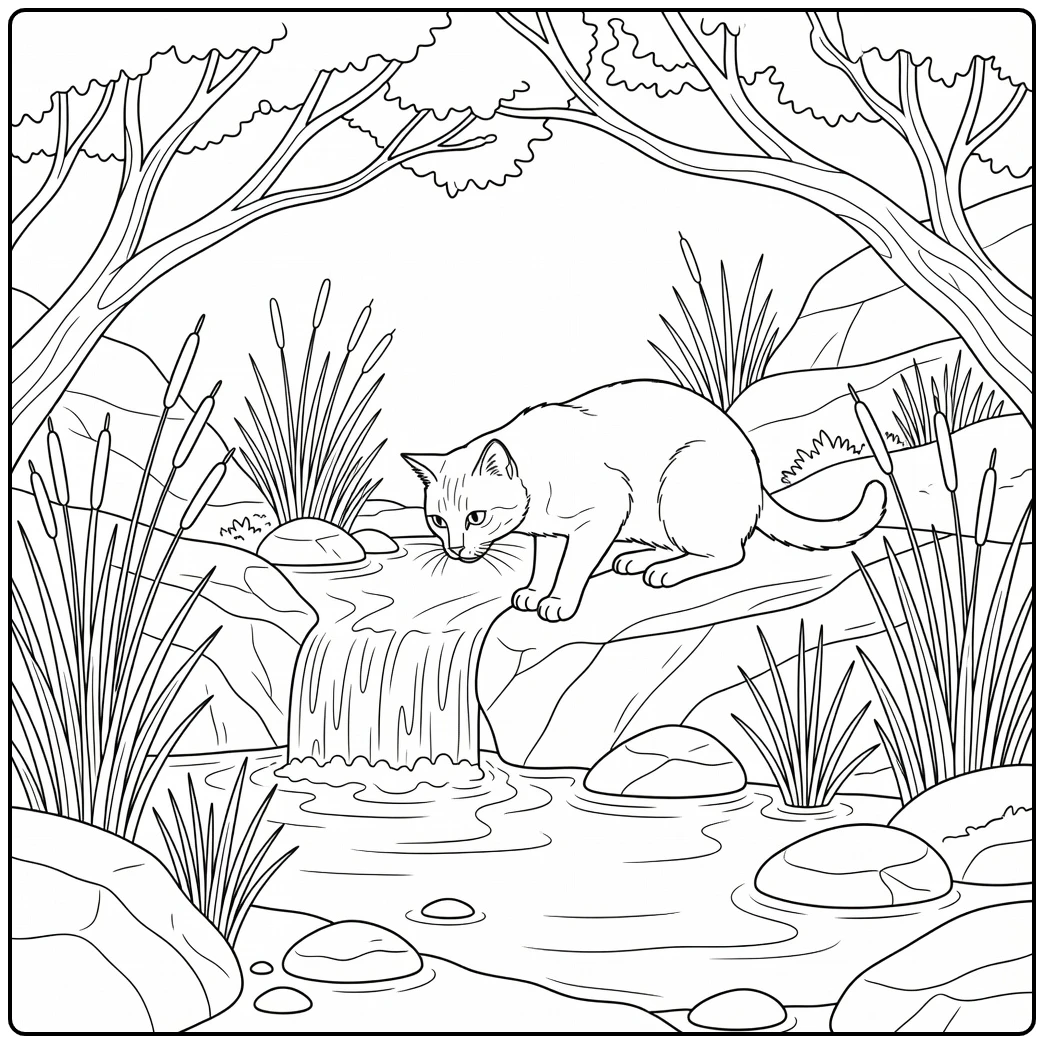 Realistic cat coloring pages: cat on rock by waterfall pool