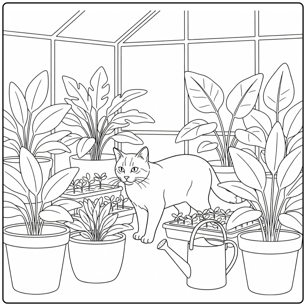 Realistic cat in greenhouse pots: realistic cat coloring pages