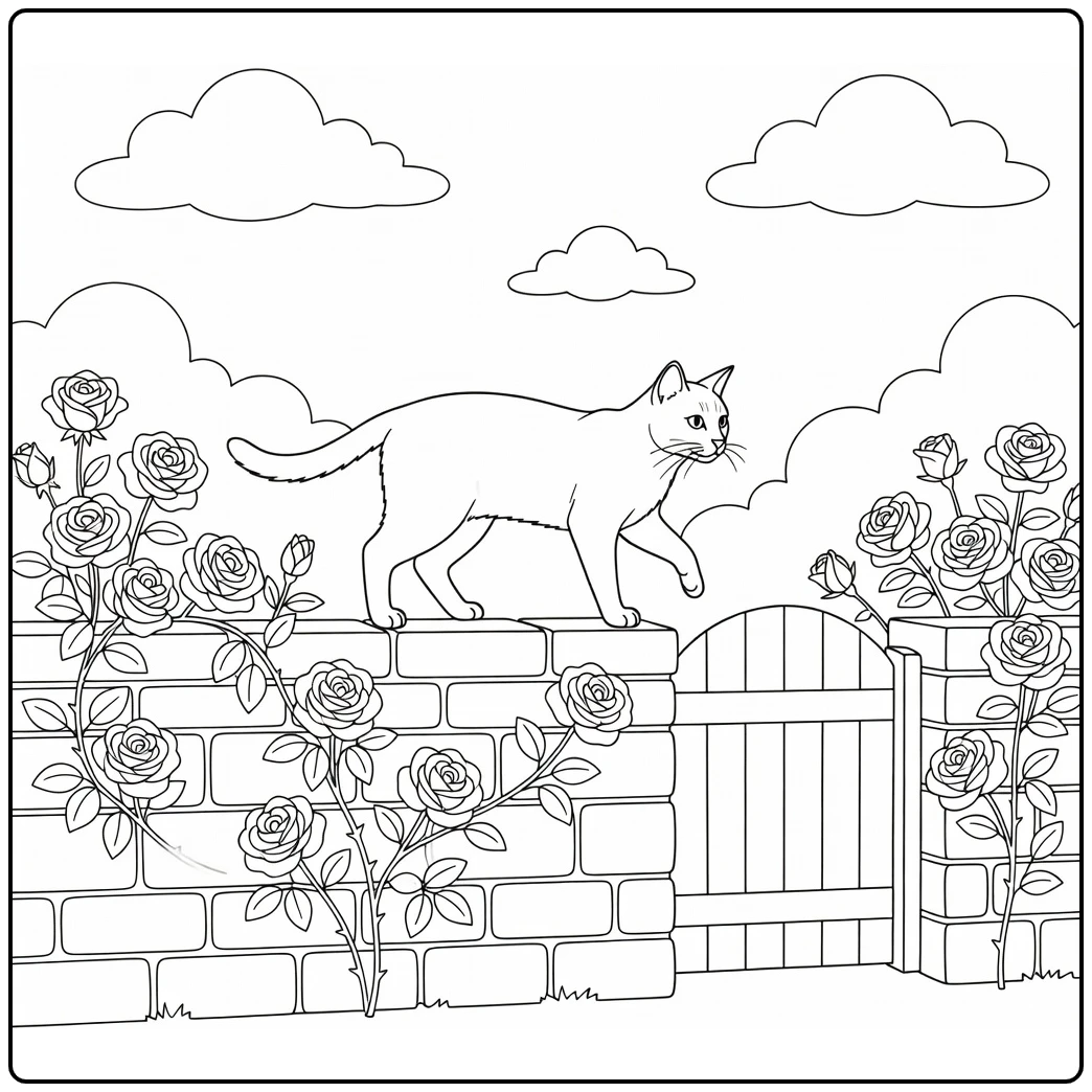Realistic cat balancing on garden wall with roses, realistic cat coloring pages