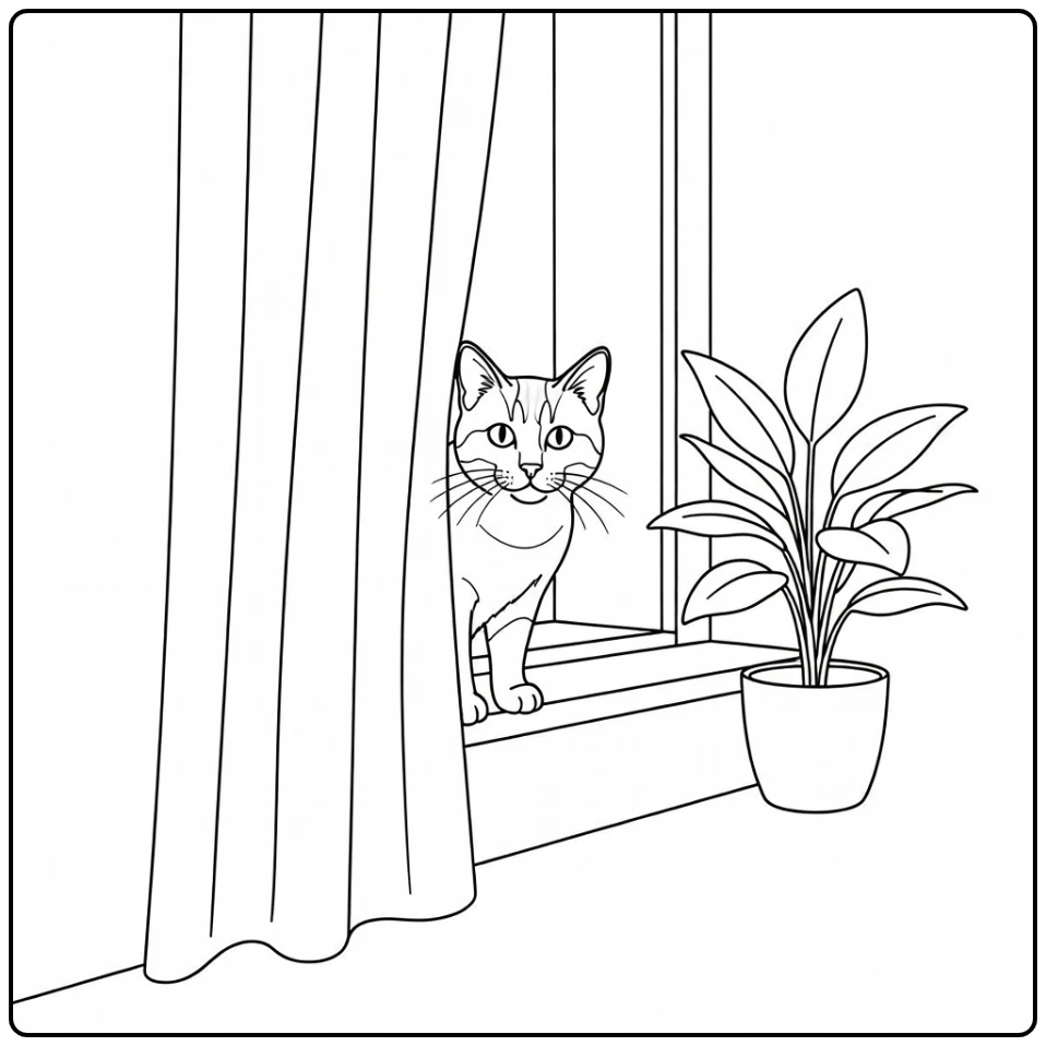 Realistic cat coloring pages: cat peeking behind curtains
