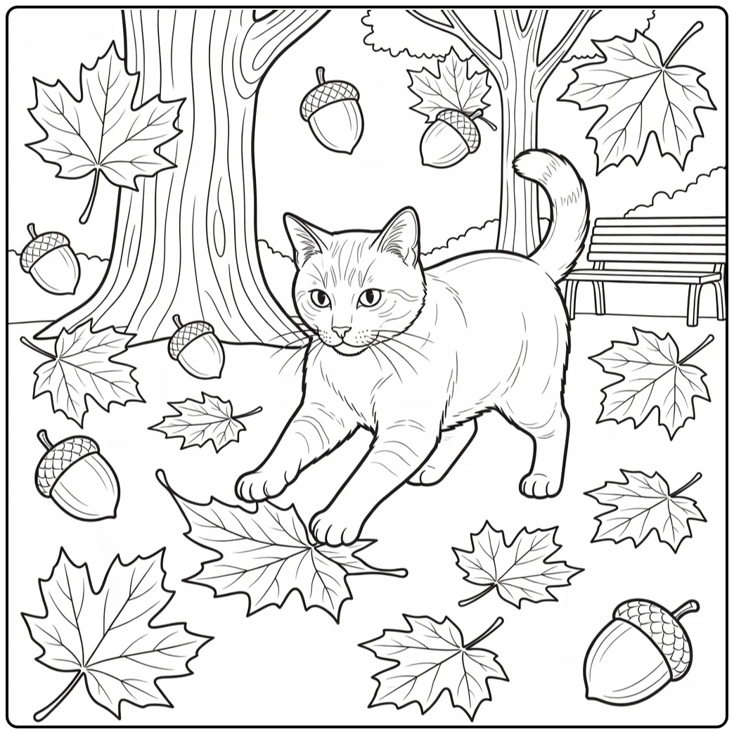 Realistic cat batting maple leaf on ground, realistic cat coloring pages