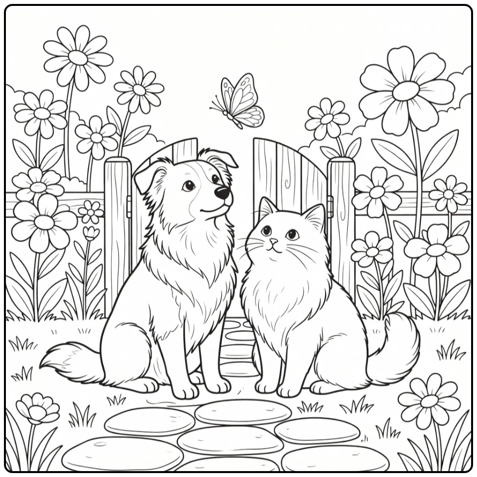 Realistic dog and cat coloring pages: Collie cat butterfly