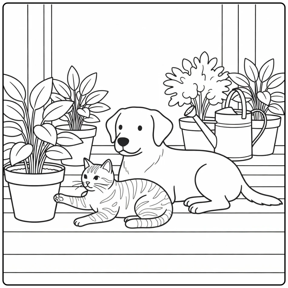 Realistic dog and cat coloring pages: Lab & tabby on porch