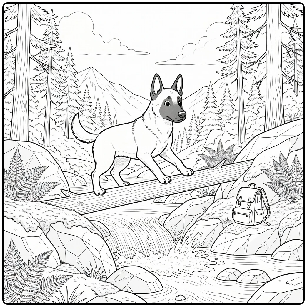 Realistic dog coloring page for adults: Malinois crossing log over creek