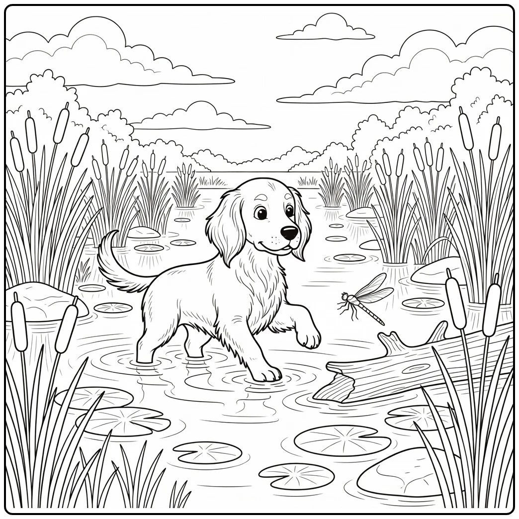 Realistic dog coloring page for adults: Irish Setter wading in marsh