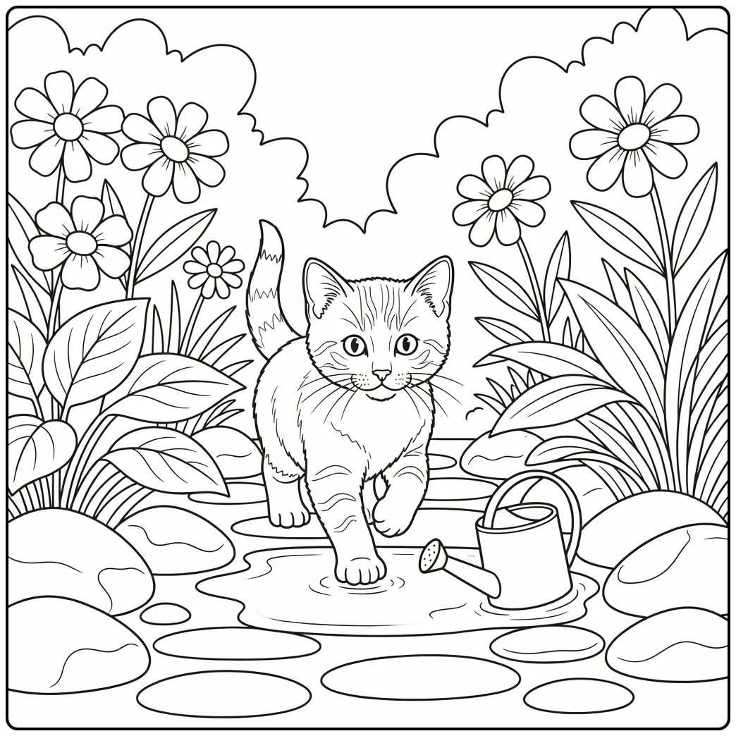 Realistic kitten coloring pages: curious kitten steps over garden puddle