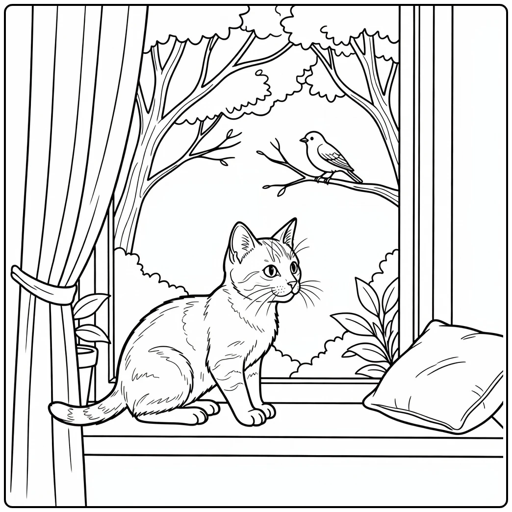 Realistic kitten coloring pages: crouching cat eyes bird at window