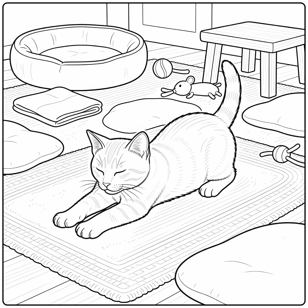 Stretching realistic kitten on rug - realistic kitten coloring pages
