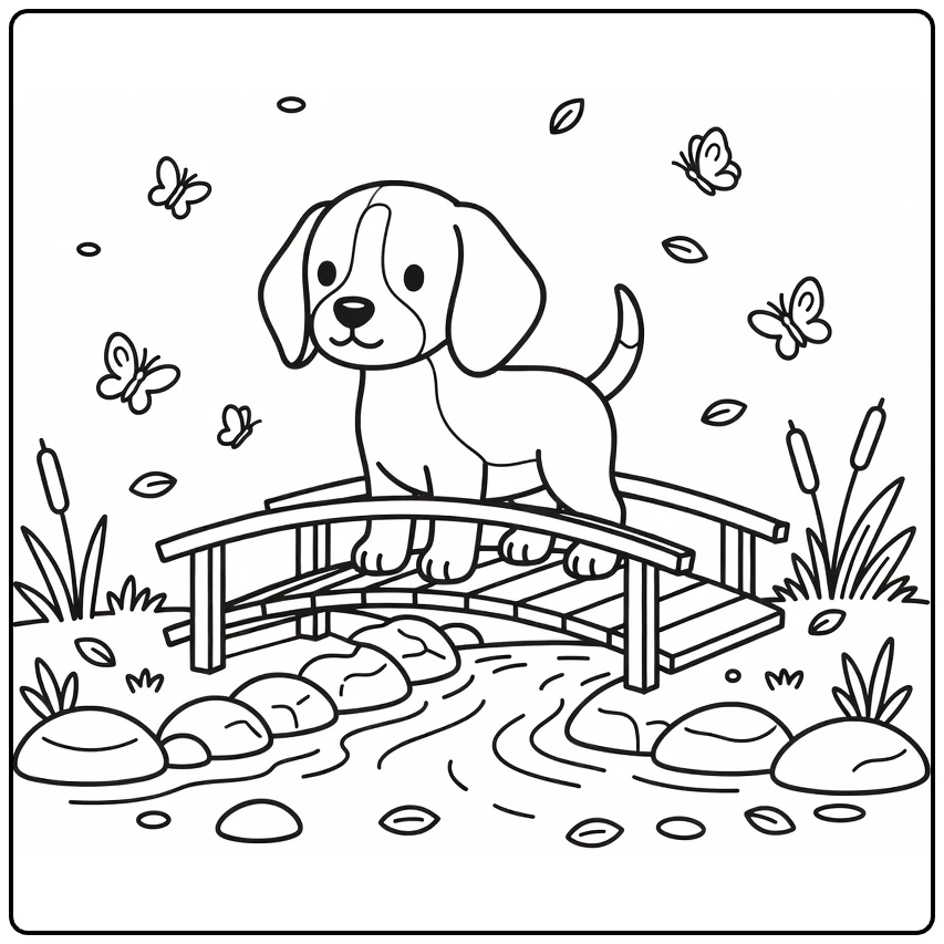 Realistic Puppy Coloring Pages: Beagle on Bridge over Stream