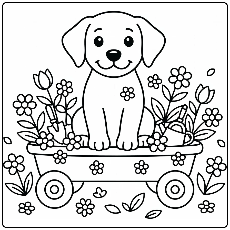 Realistic Puppy Coloring Pages: Labrador in Garden Wagon