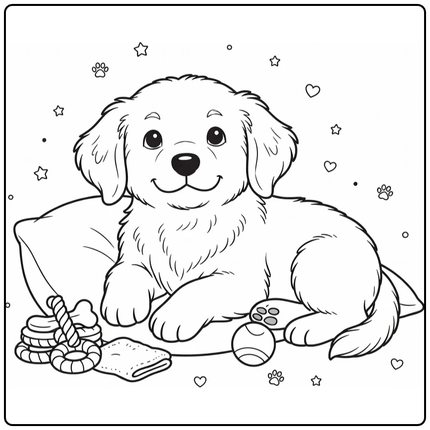 Realistic Puppy Coloring Pages: Fluffy Golden Retriever on Pillow