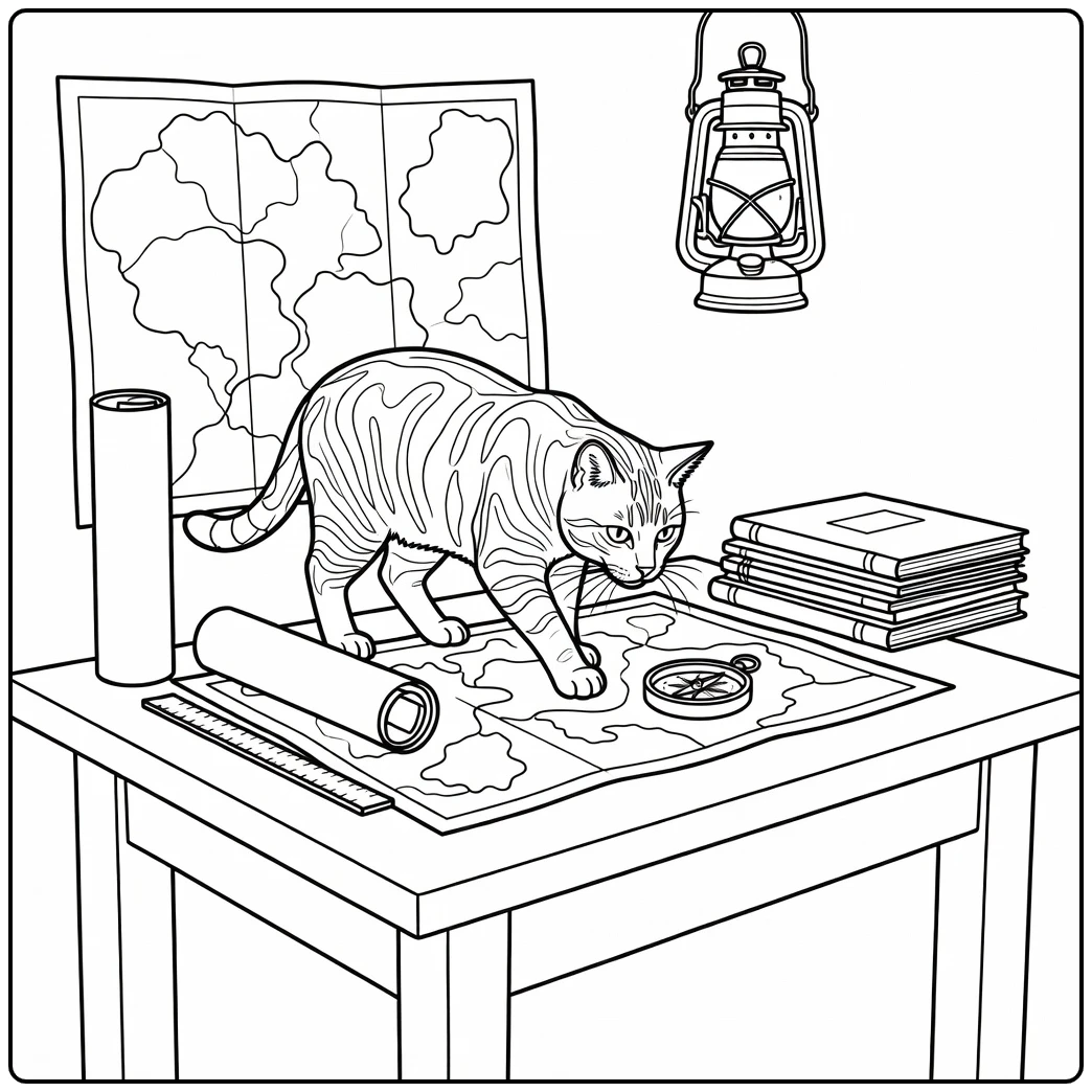 Realistic tabby cat coloring pages: sniffing compass on map