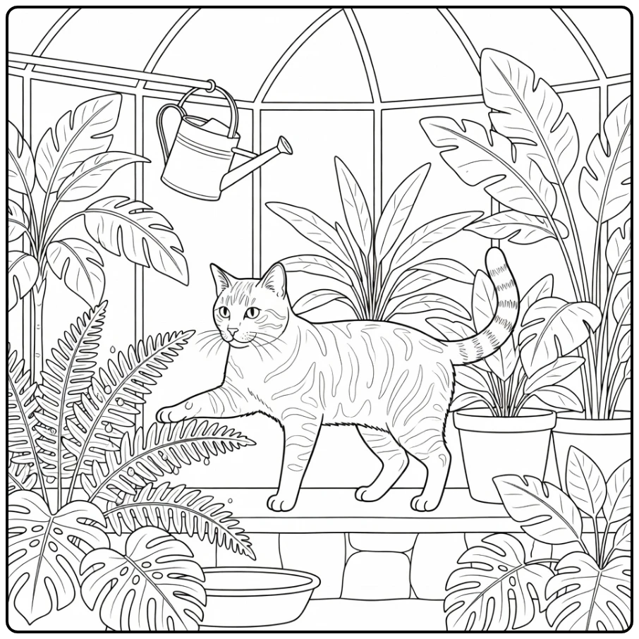 Realistic tabby cat coloring pages: stretching in greenhouse