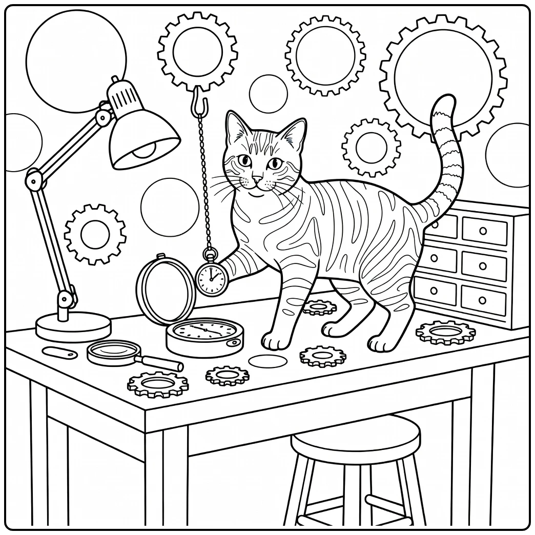 Realistic tabby cat coloring pages: cat paws pocket watch