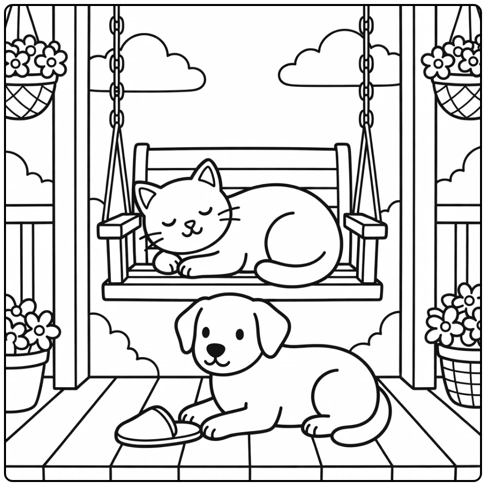 Cat dozing on porch swing, dog guards slipper - cat and dog coloring pages