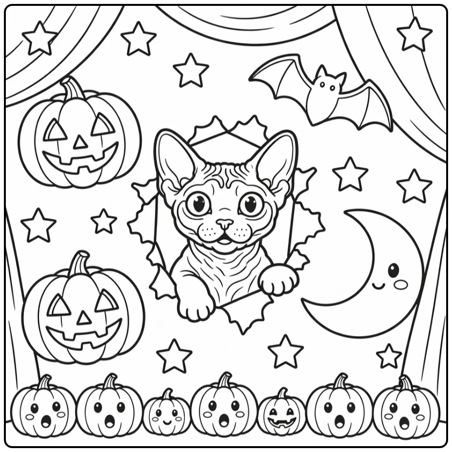 halloween cat coloring pages: Rex cat surprises pumpkins