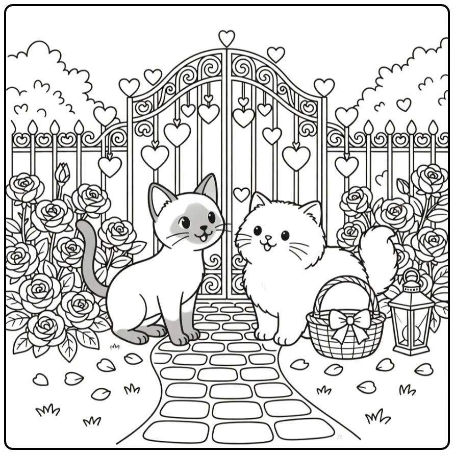 Siamese & Persian cats nose-to-nose at heart gate, cat valentine coloring pages