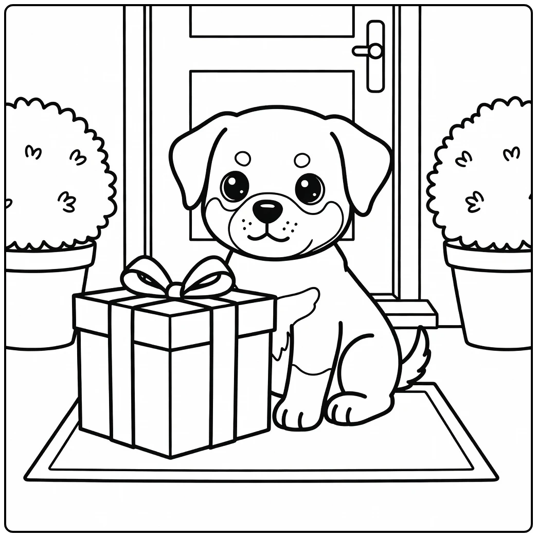 A cute Rottweiler puppy on a porch kawaii dog coloring page.