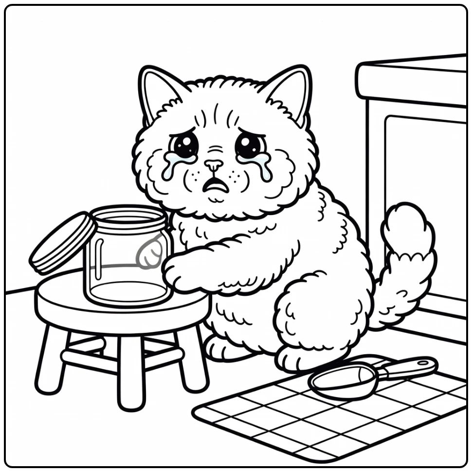 Teary Selkirk Rex cat paws empty treat jar cat meme coloring pages