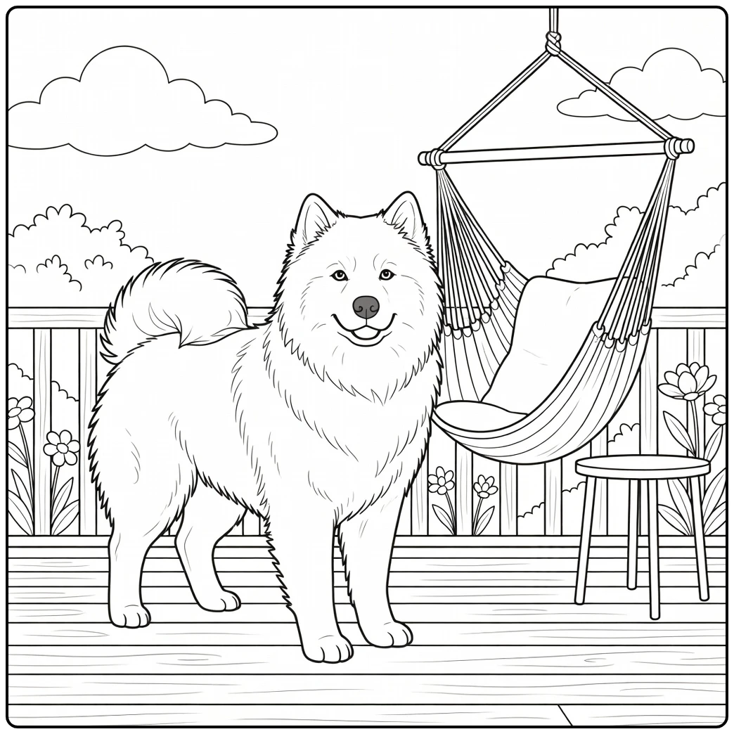 A fluffy Samoyed on a deck, a realistic dog coloring page.