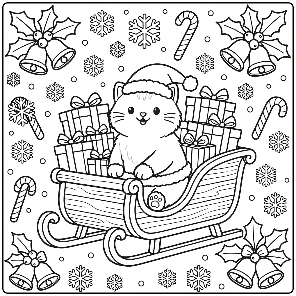Santa cat coloring pages: fluffy cat as Santa in gift sleigh
