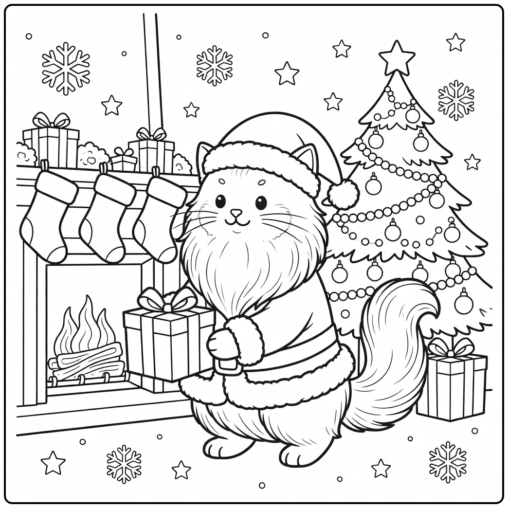 Santa cat coloring pages: cat in Santa suit by fireplace